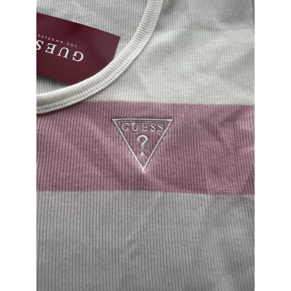GUESS Womens Ribbed Short Sleeve Top Shirt Scoop Neck Zip Front Pink White Small - Picture 3 of 7